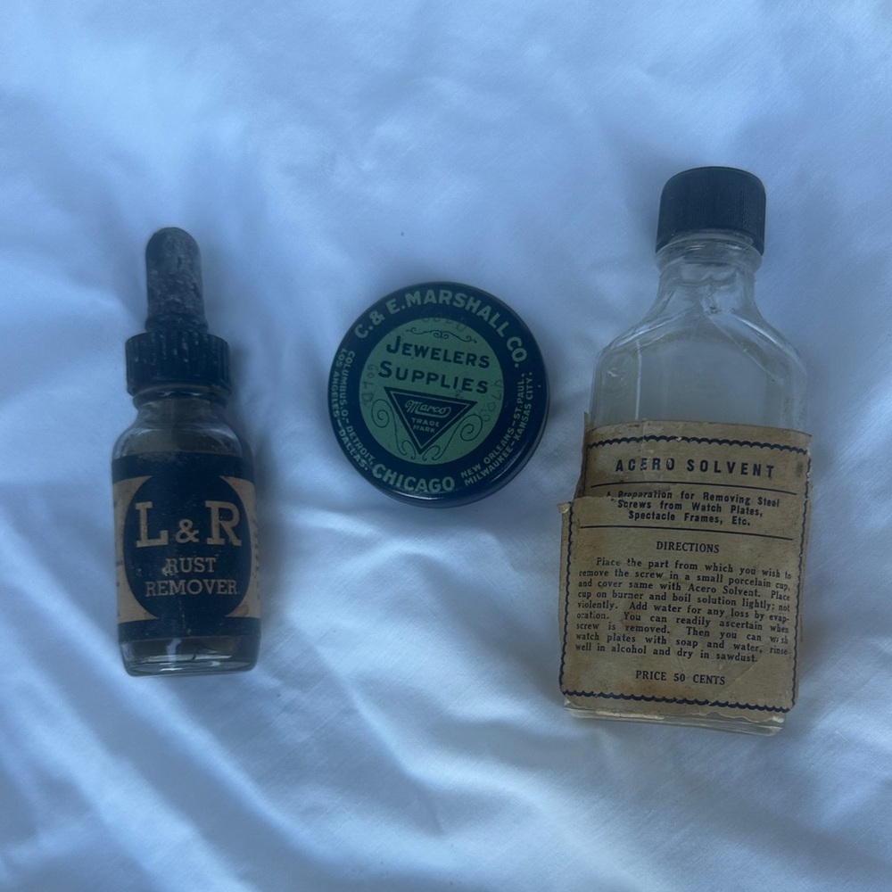 Vintage jewelers lot L&R Rust Remover and C&E Marshall Co. Supplies and solvent